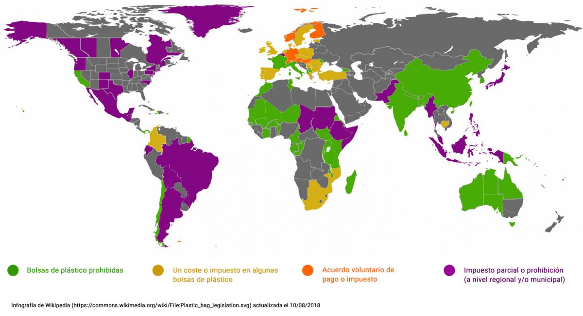 Infografía de países que han impuesto medidas sobre el uso de bosas de plástico obtenida de Wikimedia commons (actualizada el 10/08/2018)