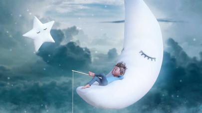 El inquietante sueño de Mónica. Análisis Ilustración de niño subido en la luna pescandoo en un mar de sueños