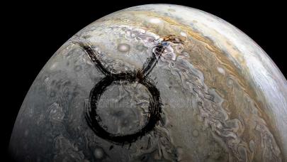 Tránsito de Júpiter en Tauro Imagen del planeta Júpiter con el signo de Tauro sobreimpresionado