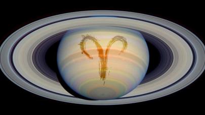 Tránsito de Saturno en Aries - 2025-2028 Foto de Saturno con símbolo de Aries superpuesto. Foto: NASA, ESA and E. Karkoschka (University of Arizona)