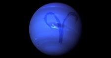 Ilustración del planeta Neptuno con el signo de Aries sobreimpresionado
