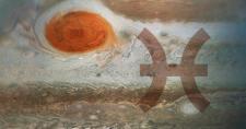 Tránsito de Júpiter en Piscis Imagen de la gran mancha roja de Júpiter combinada con el símbolo del signo zodiacal Piscis