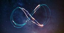 Sinastrías, compatibilidad entre signos astrológicos Ilustración de símbolo infinito en fondo espacial de estrellas