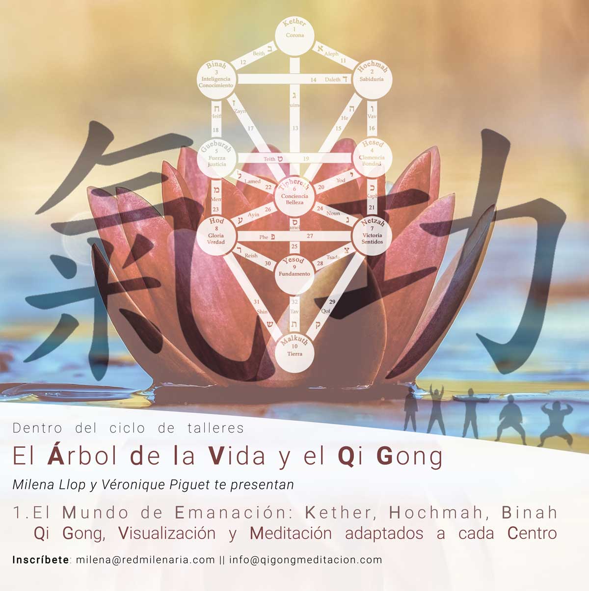 Ilustración con flor de loto, árbol de la vida y Qi Gong escrito en letras chinas para el taller1. Mundo de Emanación: Kether, Hochmah, Binah - Ciclo de talleres El Árbol de la Vida y el Qi Gong